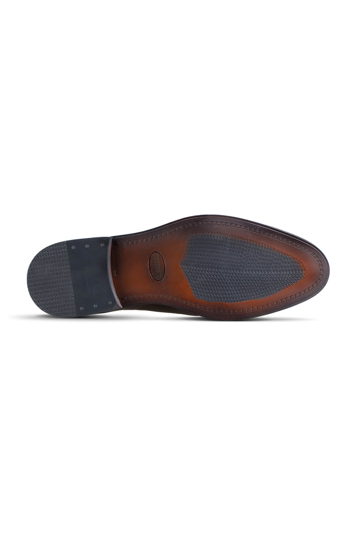 Brown leather dress shoe with a textured rubber sole and stitched detailing.