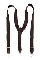 Brown leather trim clip suspenders with dark brown fabric and silver-toned metal clasps in a y-shaped back design