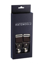 Brown leather trim clip suspenders with dark brown textured fabric and silver hardware in black hatemoglu packaging