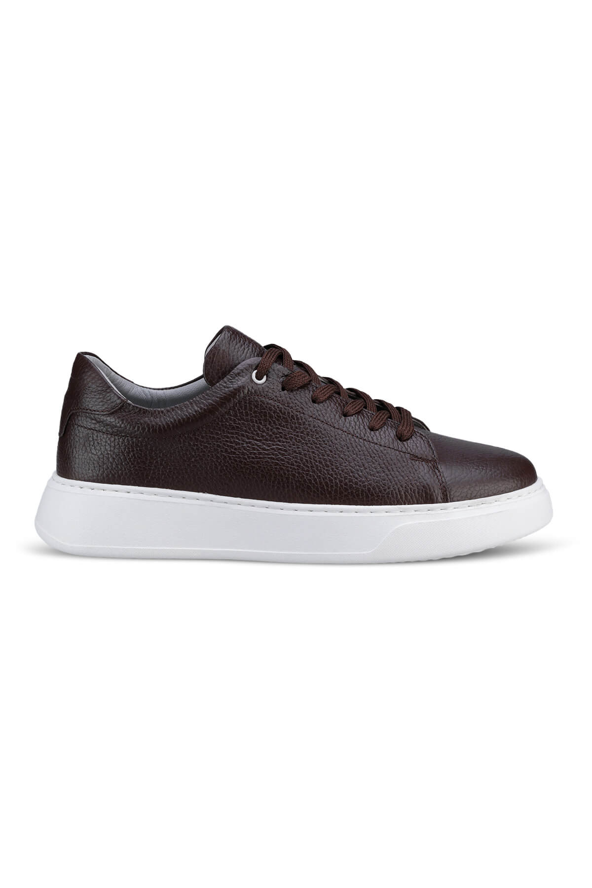 Dark brown textured leather low-top sneaker with a white rubber sole.