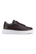 Dark brown textured leather low-top sneaker with a white rubber sole.