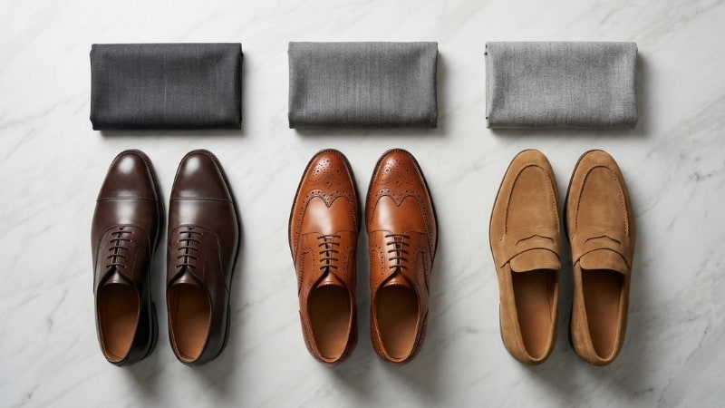 Three shades of brown leather shoes paired with matching grey suit fabric swatches