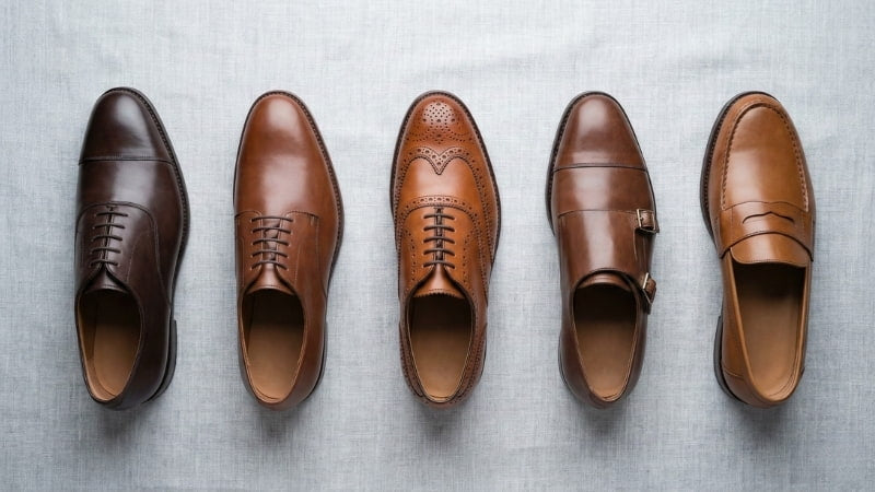 Five brown shoe styles side by side from formal Oxford to casual loafer on a grey linen backdrop