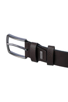 Dark brown textured leather belt with a sleek silver-toned buckle and a small rectangular brand tag.