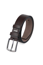 Brown textured leather belt with a silver-toned buckle and a small rectangular brand tag.
