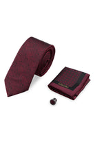 Burgundy patterned silk tie with textured design paired with matching pocket square and lapel pin 3-piece set