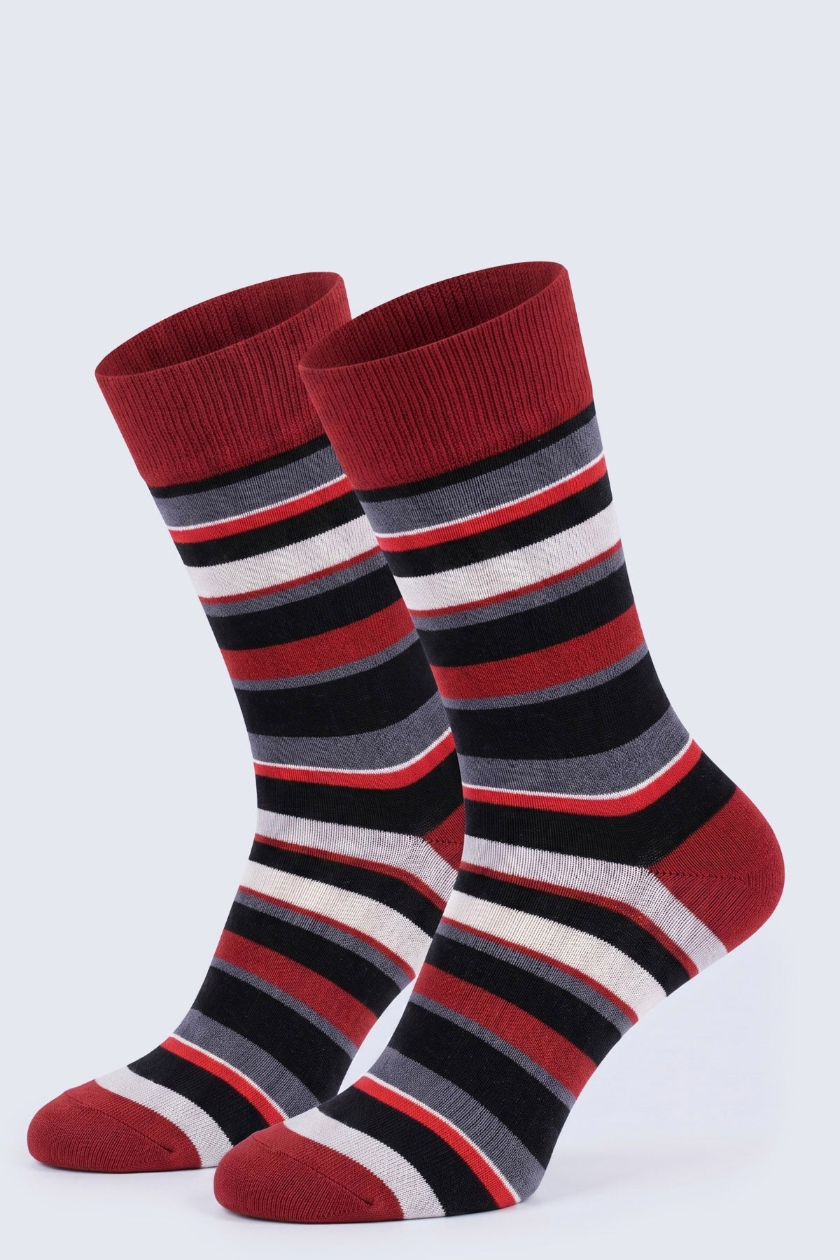 Burgundy striped socket cotton socks with red black white and gray stripes and ribbed cuffs for comfortable wear