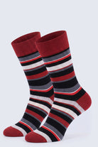 Burgundy striped socket cotton socks with red black white and gray stripes and ribbed cuffs for comfortable wear