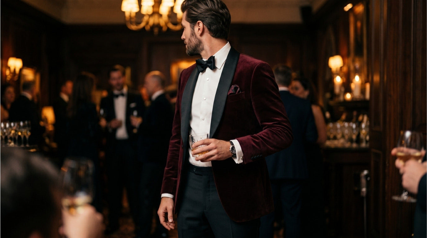 Man wearing burgundy velvet dinner jacket with black satin shawl lapel and black bow tie at a formal evening event holding a whisky tumbler