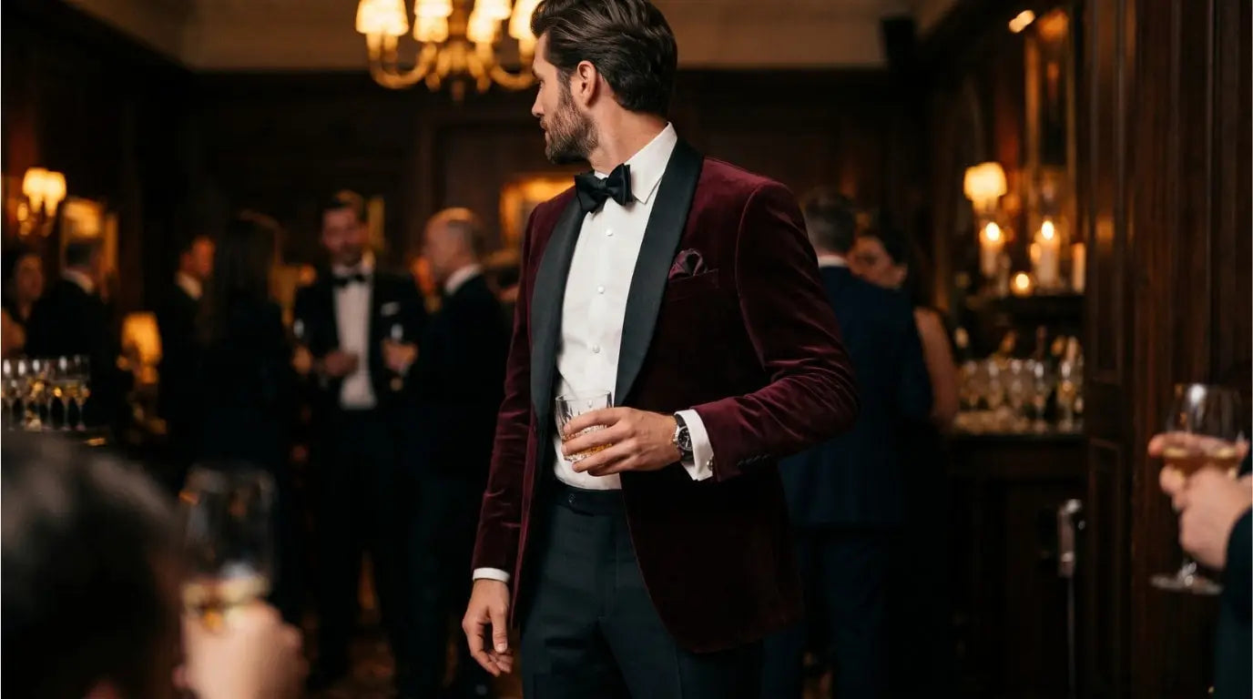 Man wearing burgundy velvet dinner jacket with black satin shawl lapel and black bow tie at a formal evening event holding a whisky tumbler