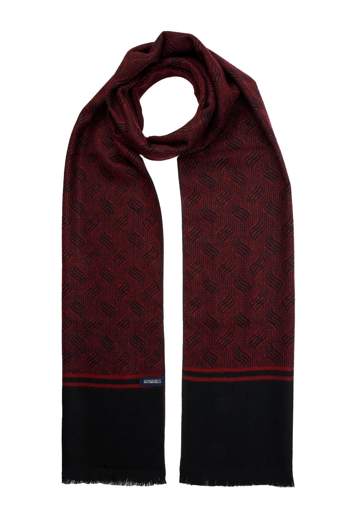 A rich burgundy scarf with a subtle geometric pattern and black fringe, featuring a branded label at the bottom.