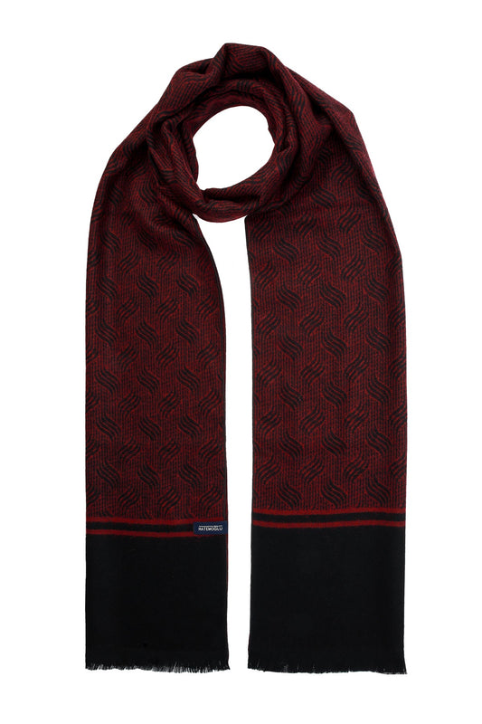A rich burgundy scarf with a subtle geometric pattern and black fringe, featuring a branded label at the bottom.