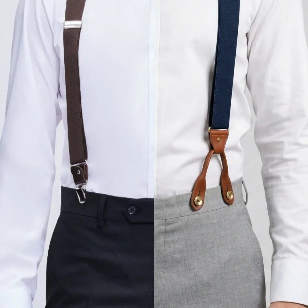 Side-by-side comparison of clip-on suspenders with metal alligator clips on dark trousers and button-on suspenders with cognac leather tabs on gray trousers