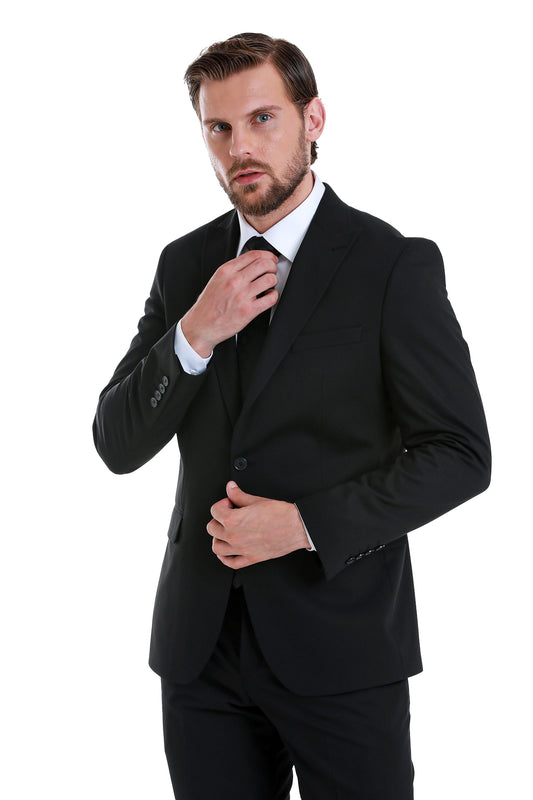 Slim fit black tailored suit jacket with notched lapels and three-button closure for classic formal wear