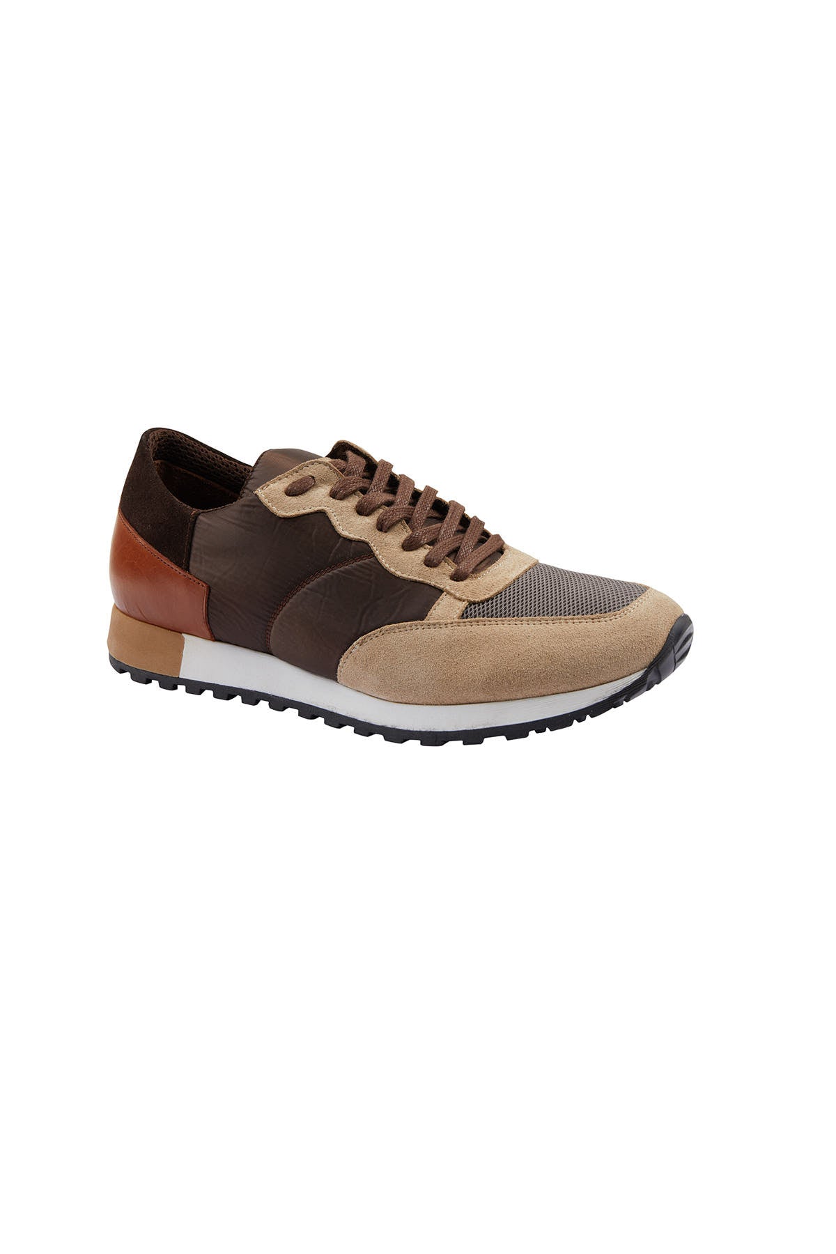 Brown and tan suede-trimmed sneaker with mesh panels, brown laces, and a white midsole.