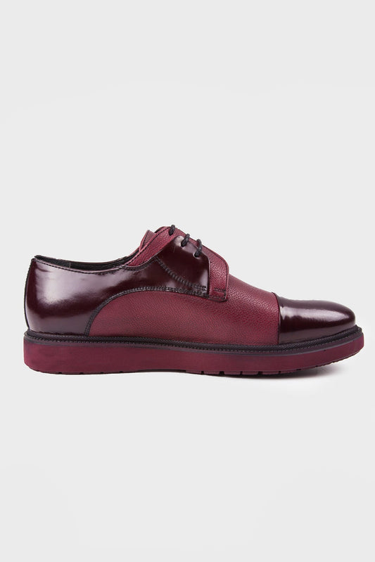 Casual 100% Genuine Leather Burgundy Lace-Up Shoes - SAYKI