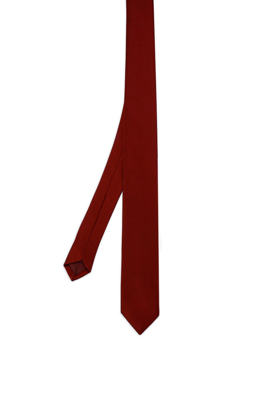 A sleek, solid burgundy silk tie with a classic pointed tip and neatly folded ends.