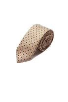 Beige silk tie with dark blue polka dots.