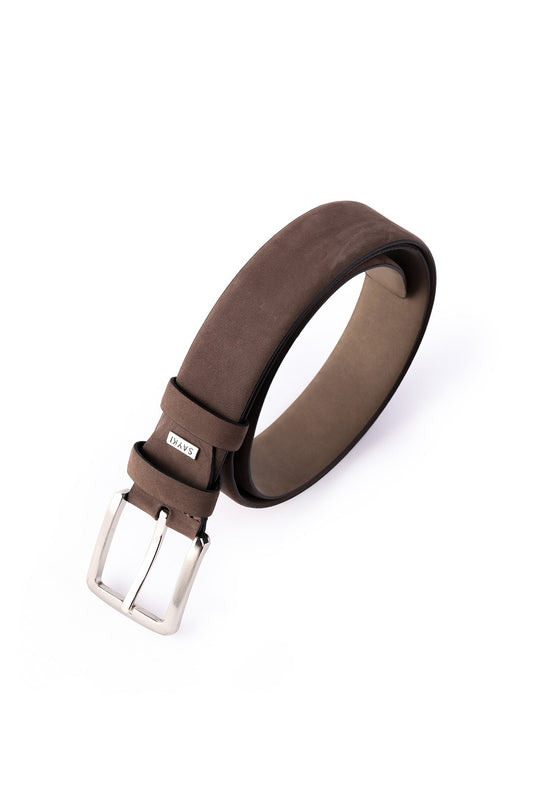 Brown leather belt with a silver-toned buckle and a small rectangular brand tag.