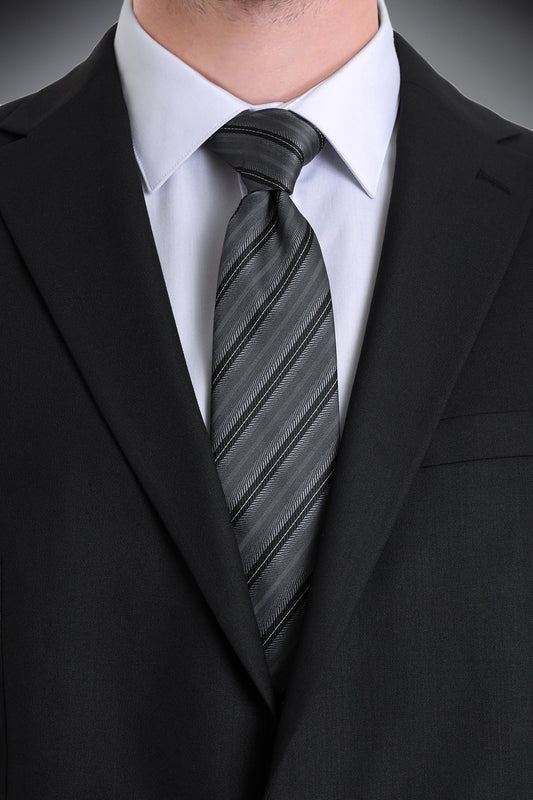 A sleek black and gray striped silk tie with a subtle diagonal weave pattern.