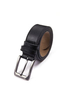 Black leather belt with a silver-toned buckle.