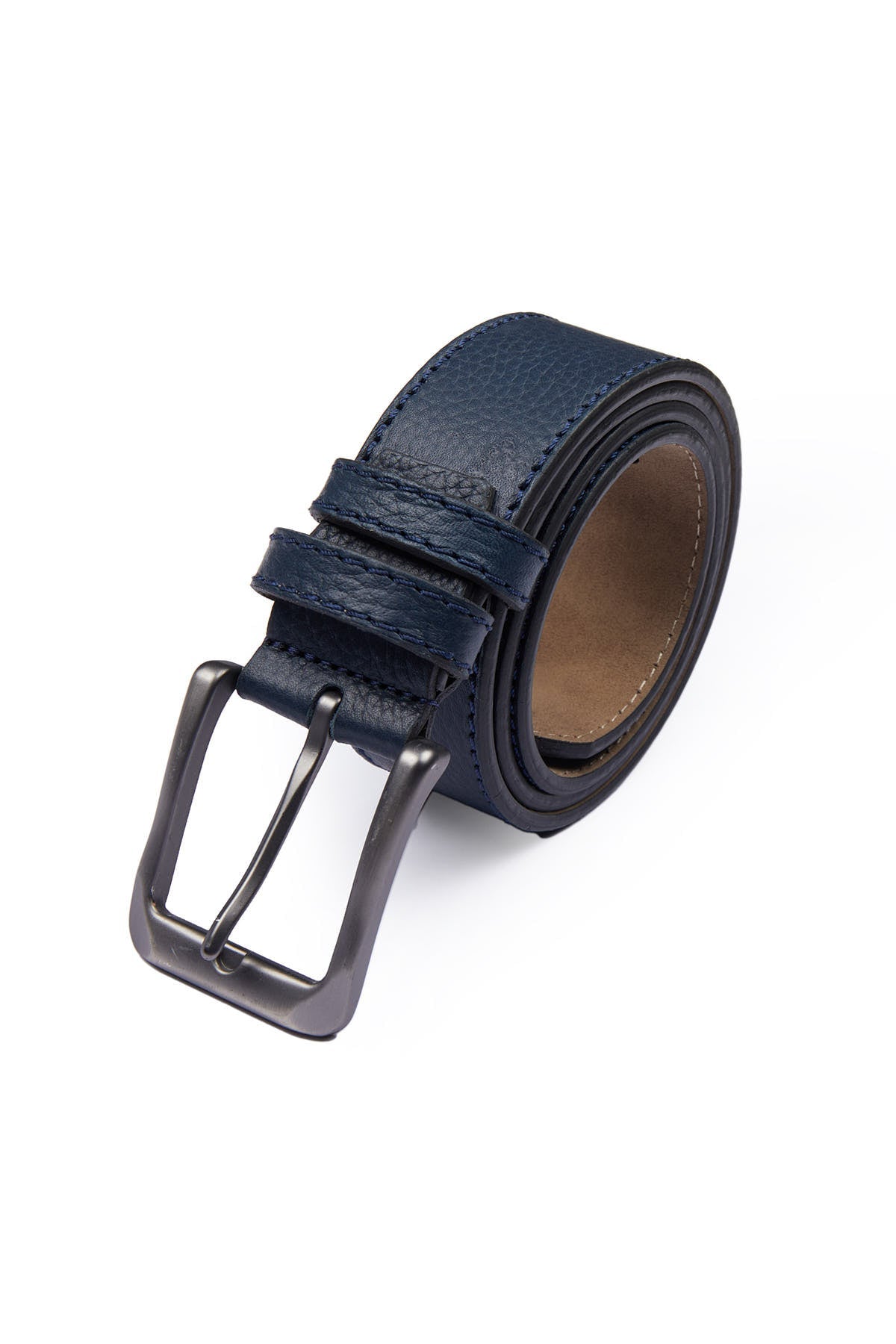 Dark blue leather belt with a matte black metal buckle.