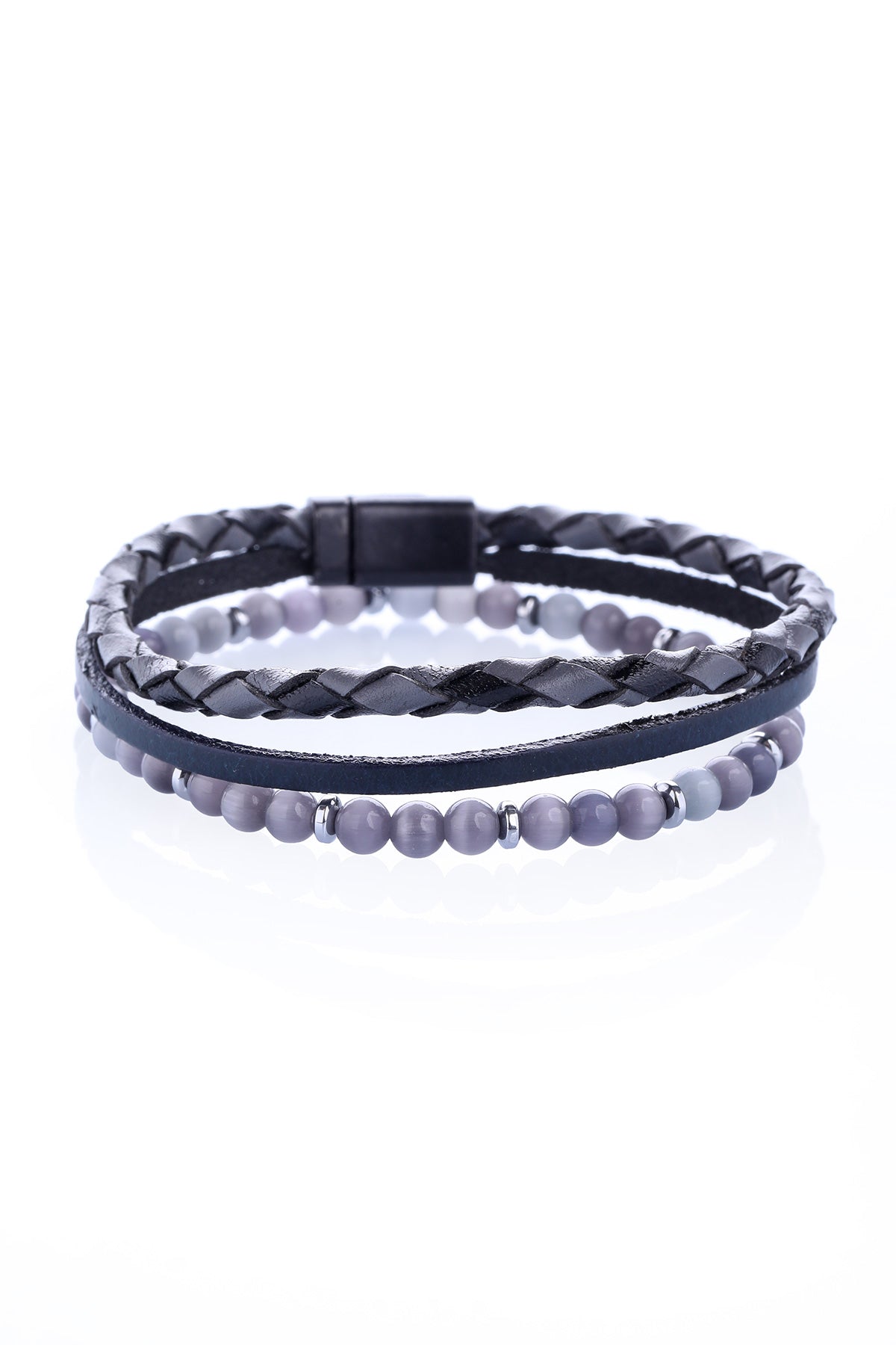 Black and gray braided leather bracelet with magnetic clasp.