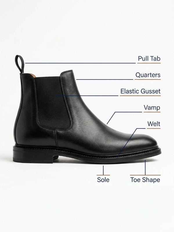 Labeled diagram showing the anatomy of a Chelsea boot including elastic gusset, pull tab, vamp, quarters, welt, sole, and toe shape