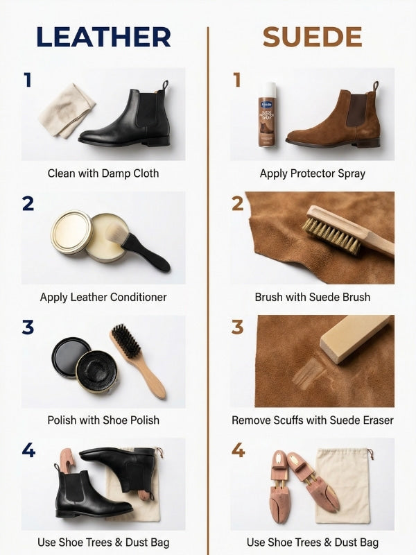 Step-by-step care guide comparing leather and suede Chelsea boot maintenance: leather side shows cleaning with damp cloth, conditioning, polishing, and storing with shoe trees; suede side shows applying protector spray, brushing, erasing scuffs, and storing with shoe trees