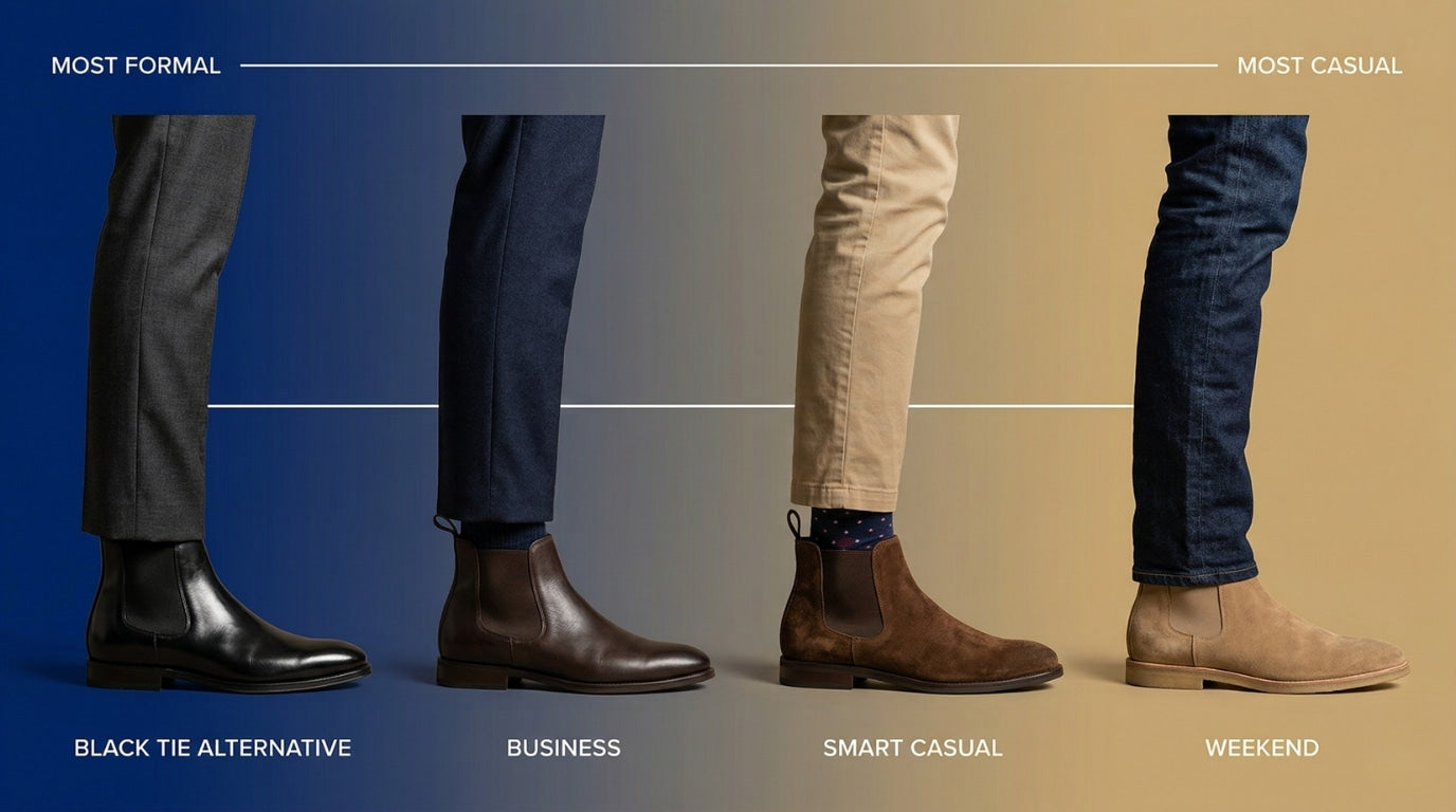 Formality spectrum showing four Chelsea boot styling levels from most formal to most casual: black leather with charcoal suit trousers, dark brown leather with navy business trousers, brown suede with khaki chinos, and tan suede with dark indigo jeans