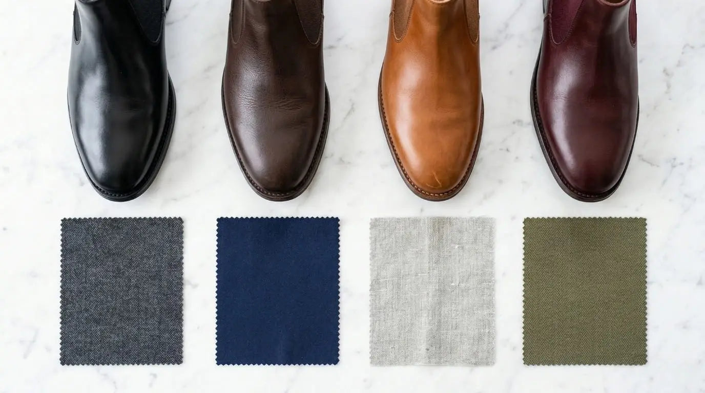 Flat-lay showing four Chelsea boot and suit fabric pairings: black leather with charcoal wool, dark brown leather with navy wool, tan leather with light gray linen, and burgundy leather with olive green cotton