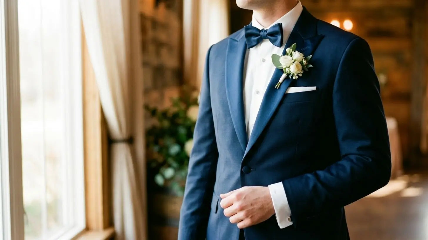 Midnight blue wedding tuxedo with a peak lapel and a small white boutonniere on a male model, soft window daylight, cropped collarbone to waist, no face