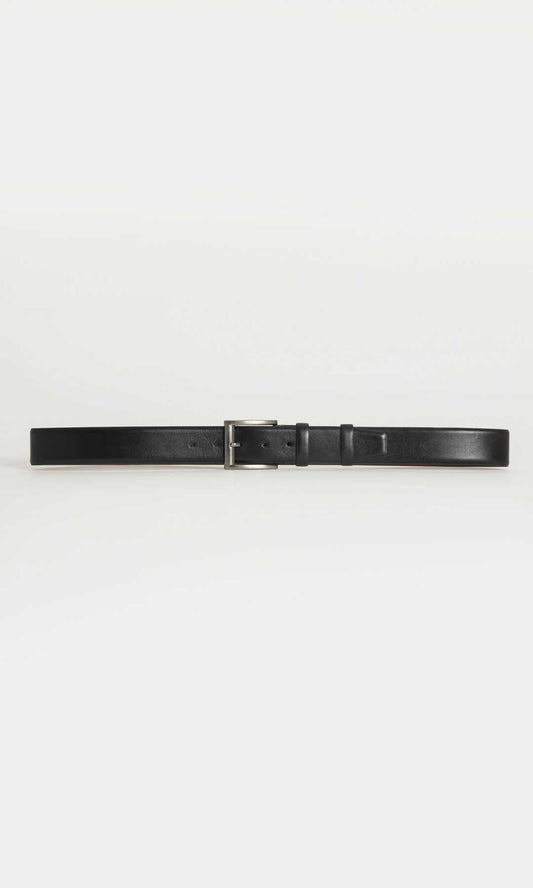 Black leather belt with a silver-toned buckle.