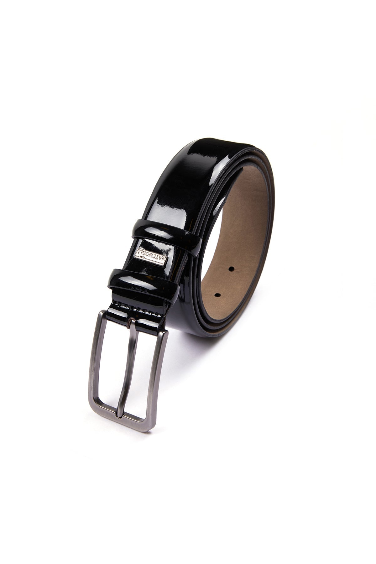 Black patent leather belt with a silver-toned buckle and a small rectangular brand tag.