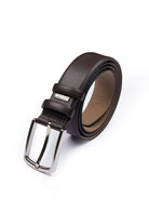 Dark brown leather belt with a silver-toned buckle and a small rectangular brand tag near the buckle.