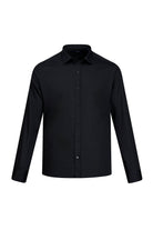 Black long-sleeved men’s dress shirt with a classic collar and button-down front.