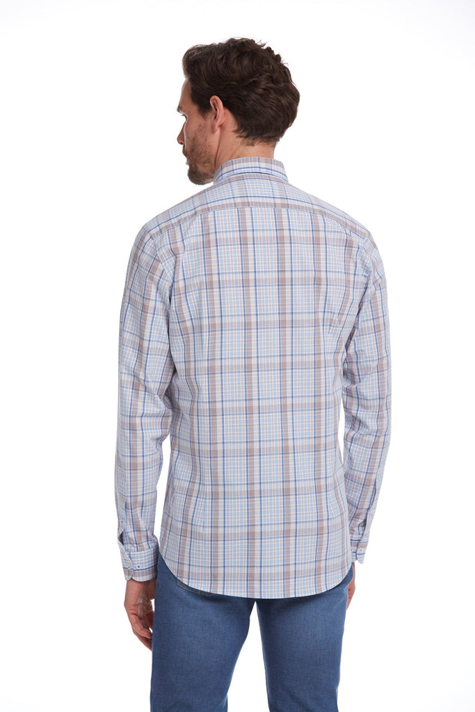 Classic Fit Long Sleeve Checked Cotton Blue Casual Shirt
