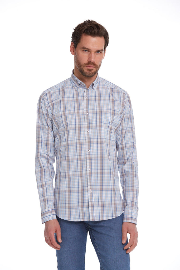 Classic Fit Long Sleeve Checked Cotton Blue Casual Shirt