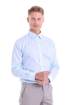 Light blue long-sleeved dress shirt with a classic collar and button-down front