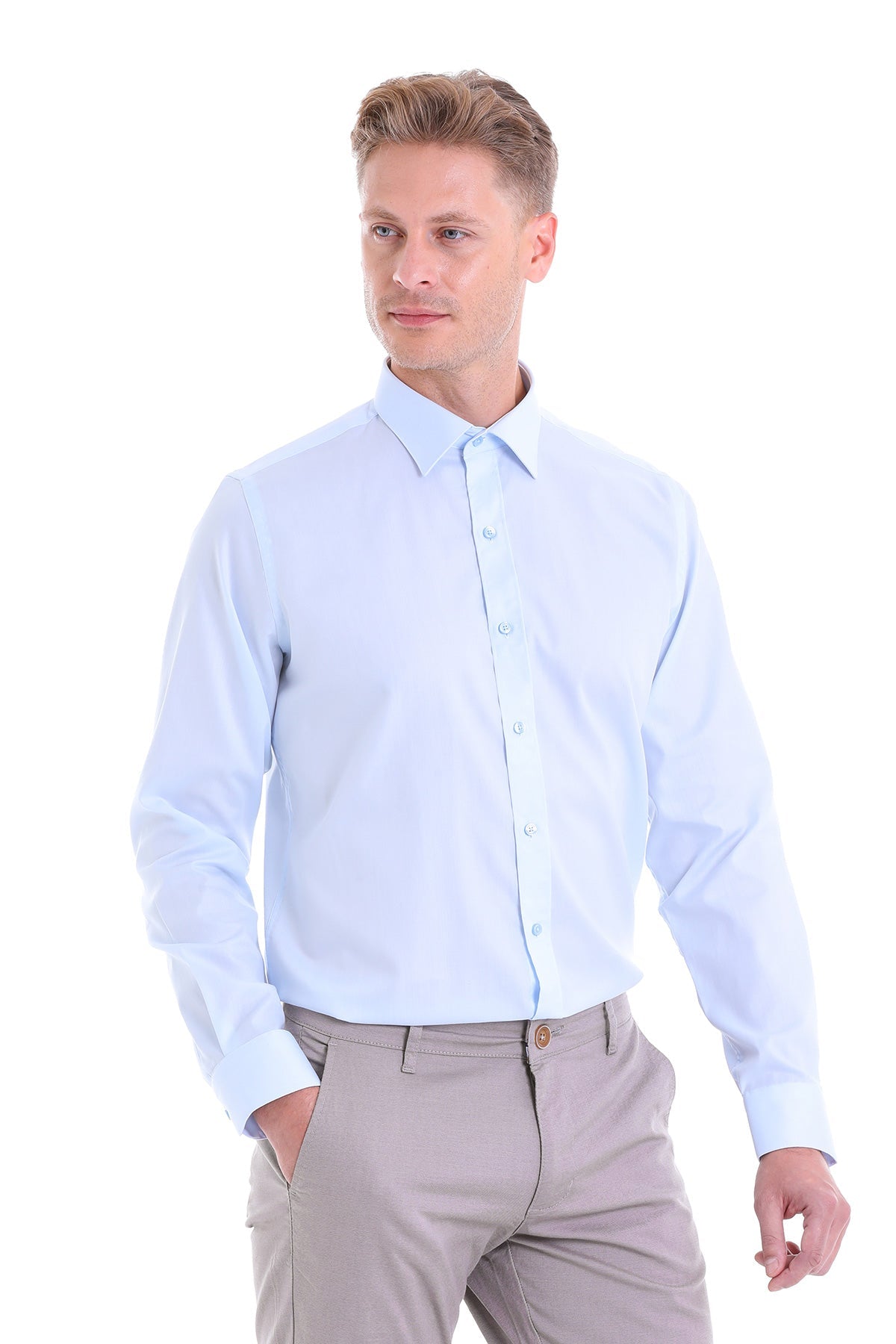 Light blue, long-sleeved men’s dress shirt with a classic collar and button-down front.