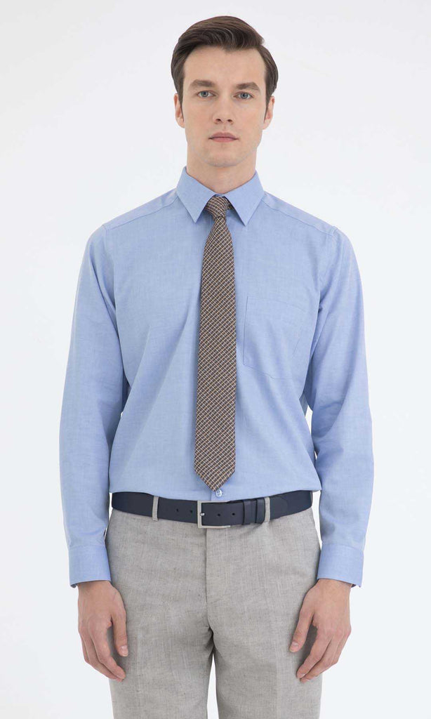 Classic Fit Long Sleeve Patterned Cotton Blue Dress Shirt -