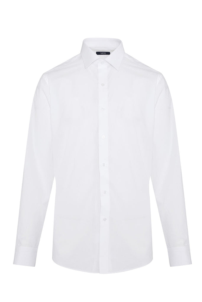 Classic Fit Long Sleeve Patterned Cotton White Dress Shirt -