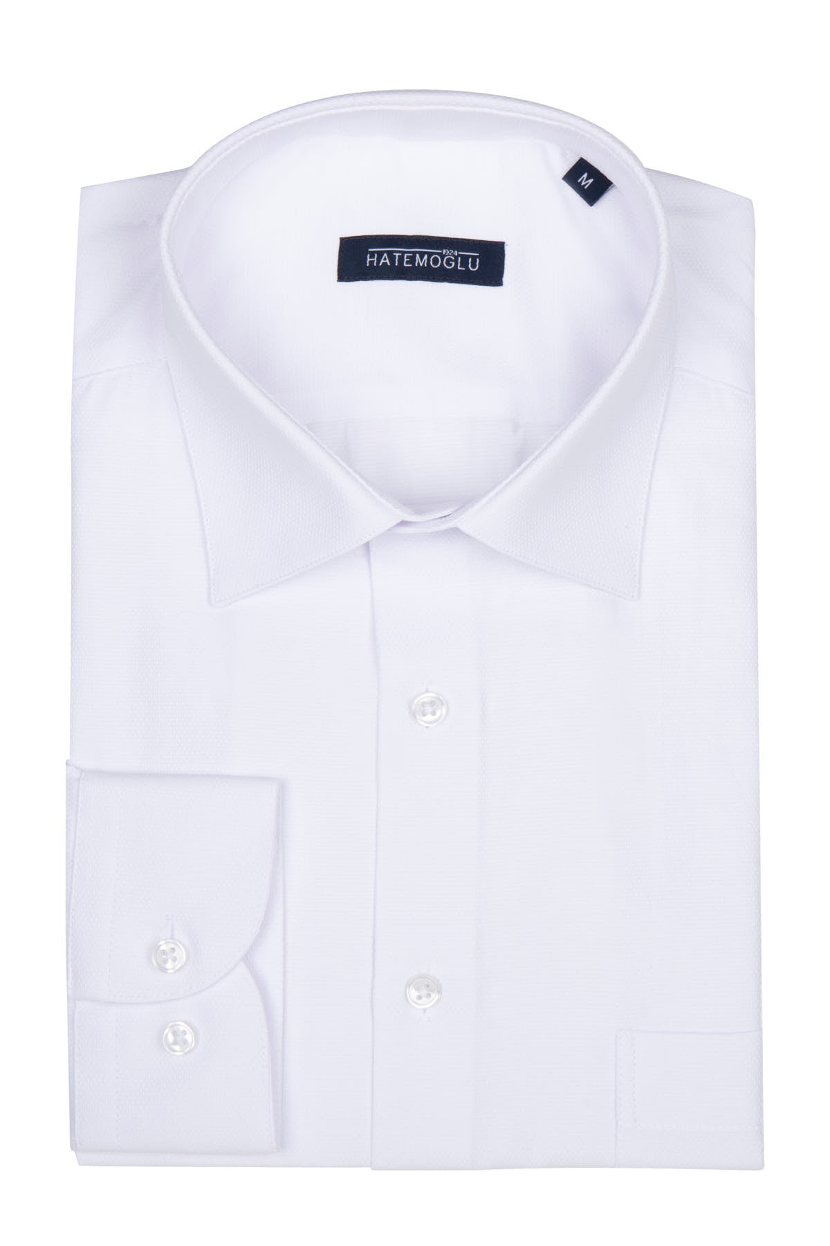 A crisp white men’s dress shirt with a classic collar and buttoned cuffs, featuring the hatemoglu brand label.