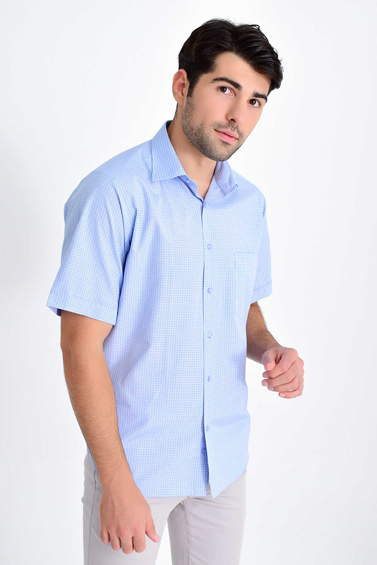 blue plaid dress shirt Classic Fit Plaid Cotton Blend Light Blue Dress Shirt XXL / 6 / Light Blue