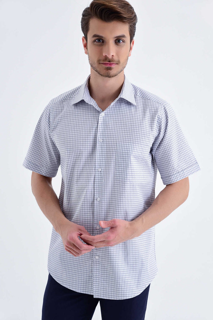 Classic Fit Short Sleeve Checked Cotton Navy Dress Shirt
