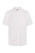 White short-sleeved button-up shirt with a classic collar and single chest pocket.