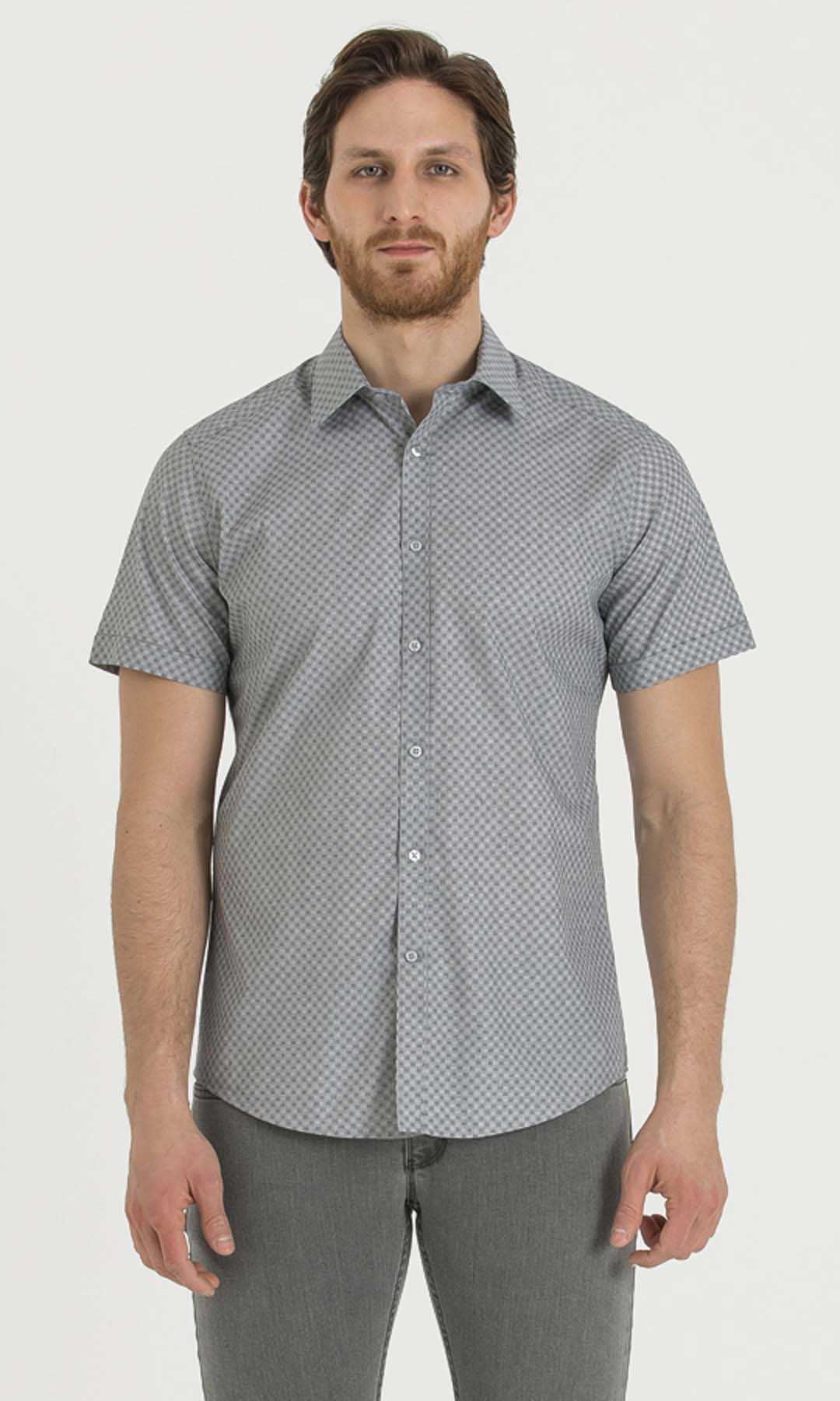 Gray short-sleeved button-down shirt with a subtle checkered pattern.