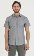 Gray short-sleeved button-down shirt with a subtle checkered pattern.