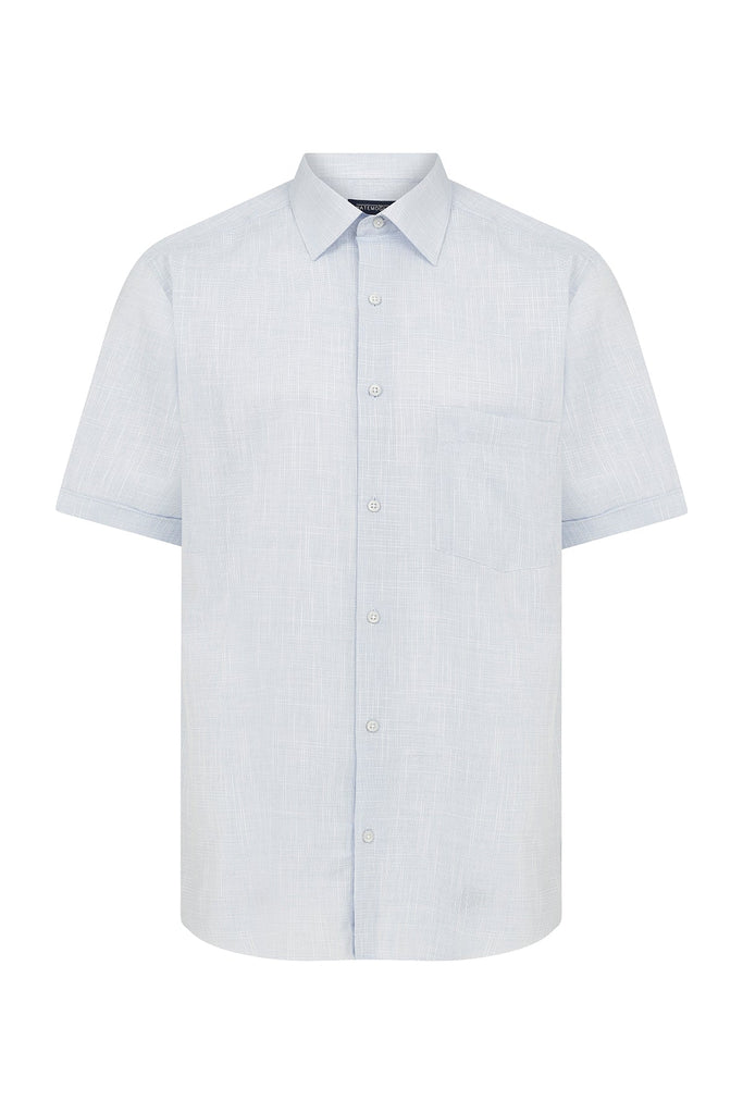 Classic Fit Short Sleeve Patterned Cotton Blue Dress Shirt