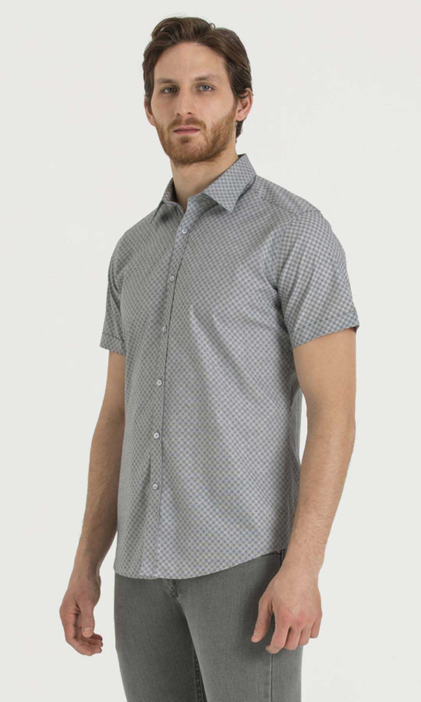 Classic Fit Short Sleeve Patterned Cotton Gray Dress Shirt
